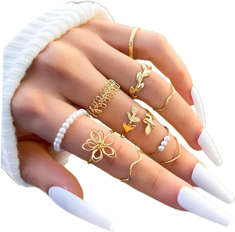 10Pcs Knuckle Gold Rings for Women Stackable Rings Sets,Bohemian Vintage Joint Finger Rings Set for Women Men Open Pearl Flowers Stacking Rings Sets