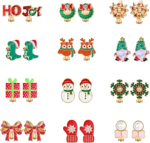12/16 Pairs Christmas Clip on Earrings for Women Teen Girls Hypoallergenic Snowflake Christmas Tree Bow Bell Snowman Penguin Clip Earrings Xmas Holiday Jewelry Christmas Dangle Clip Earrings Bulk