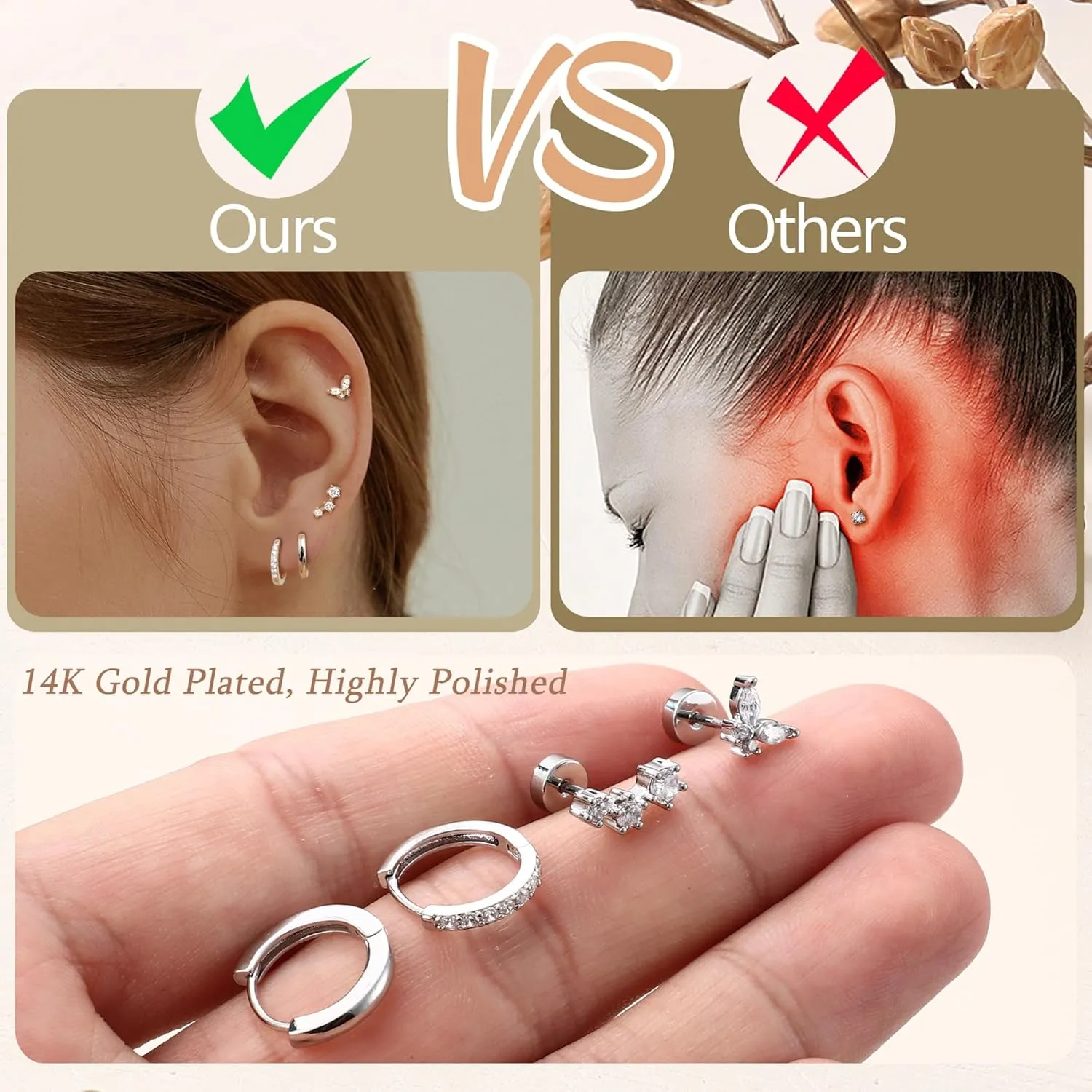 4Pairs Hypoallergenic Gold Earrings Stacks for Women - 316L Surgical Stainless Steel Flat Back Studs & Hoops Earring Sets for Multiple Piercings - Tragus Helix Cartilage Piercing Jewelry - Gold/Silver Tone