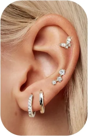 4Pairs Hypoallergenic Gold Earrings Stacks for Women - 316L Surgical Stainless Steel Flat Back Studs & Hoops Earring Sets for Multiple Piercings - Tragus Helix Cartilage Piercing Jewelry - Gold/Silver Tone