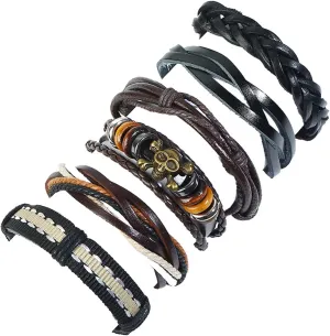 6 Pcs Braided Leather Bracelets for Men Women Woven Cuff Wrap Bracelets Hemp Cords Bracelets Adjustable
