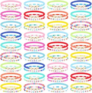 72 Pcs Friendship Bracelets Bulk for Woman Adjustable Colorful Beaded Bracelets Colorful Letter Beads Bracelets Friends Surfer Beaded Bracelets for Women(Elastic Bead Style)
