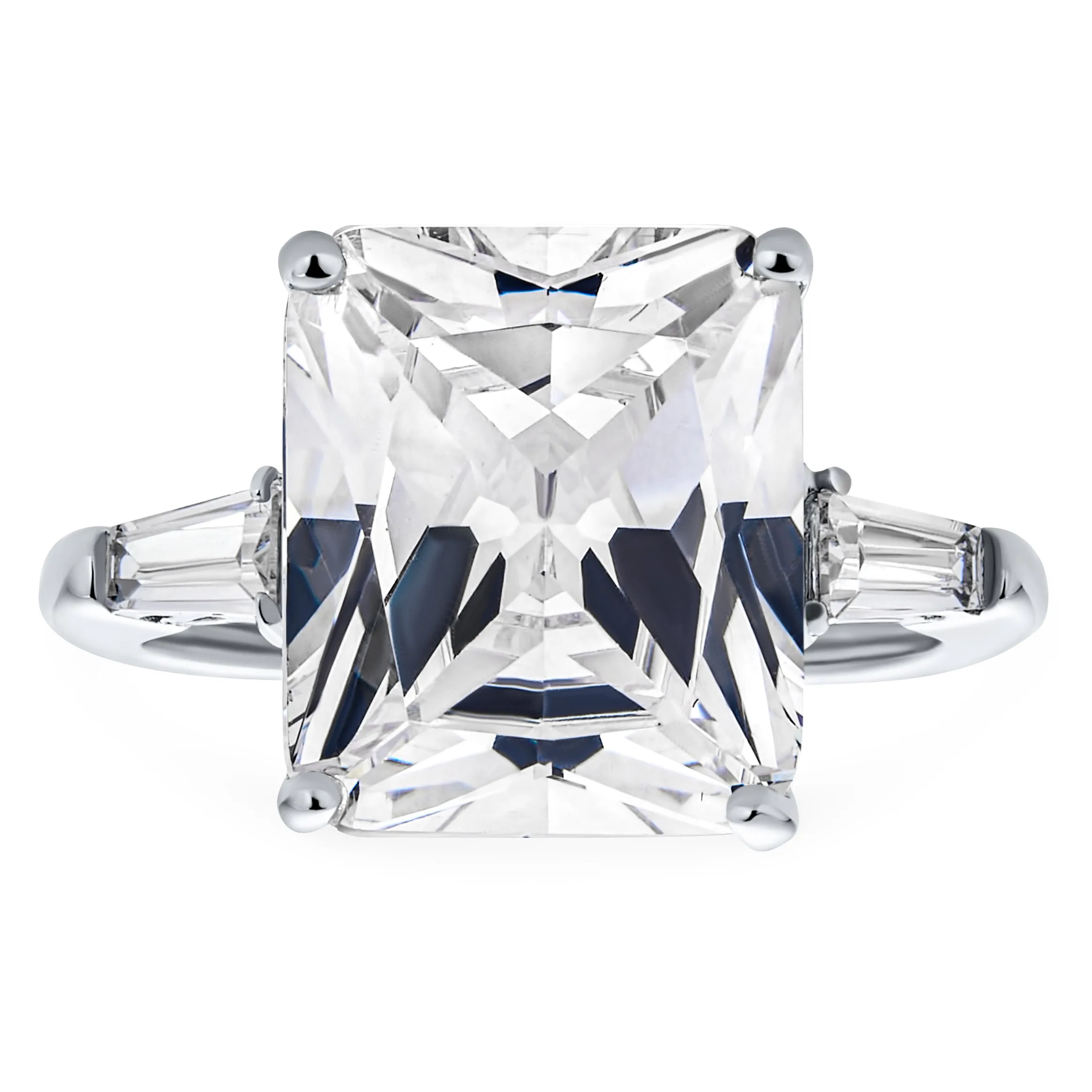 .925 Sterling Silver 7CT AAA CZ Emerald Cut Engagement Ring Baguette