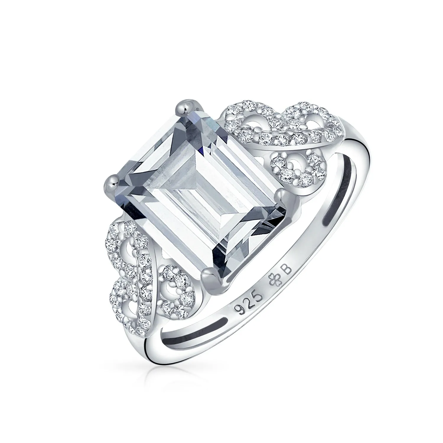 .925 Sterling Silver 7CT AAA CZ Emerald Cut Engagement Ring Baguette
