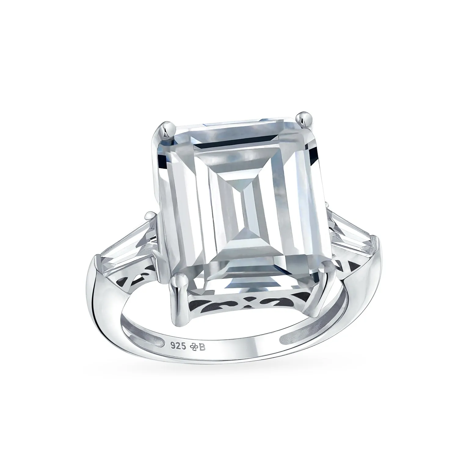 .925 Sterling Silver 7CT AAA CZ Emerald Cut Engagement Ring Baguette