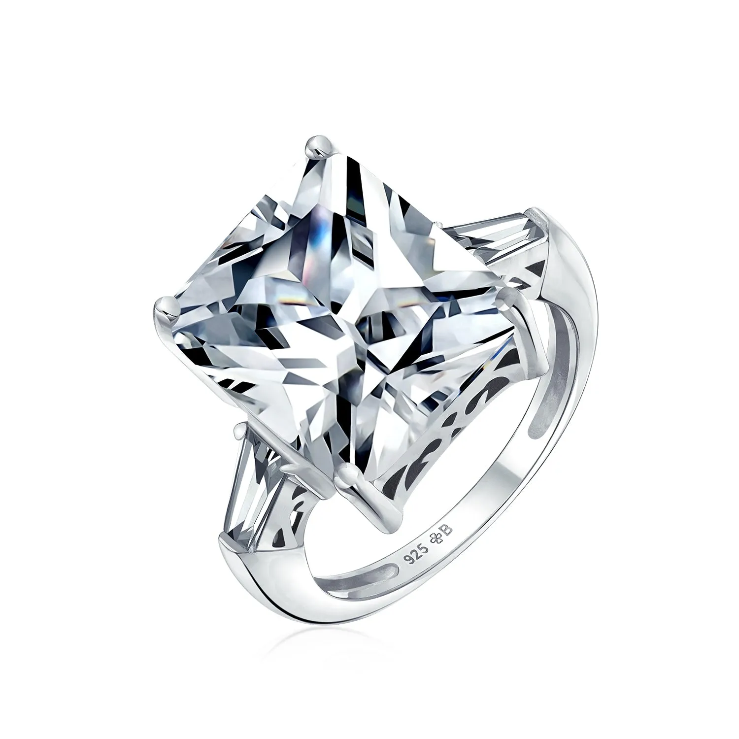 .925 Sterling Silver 7CT AAA CZ Emerald Cut Engagement Ring Baguette