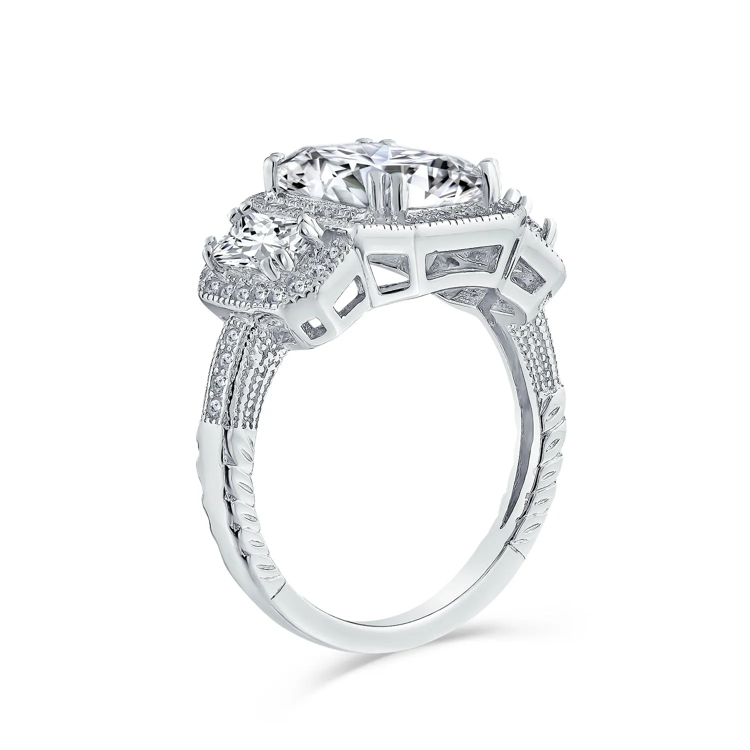 .925 Sterling Silver 7CT AAA CZ Emerald Cut Engagement Ring Baguette
