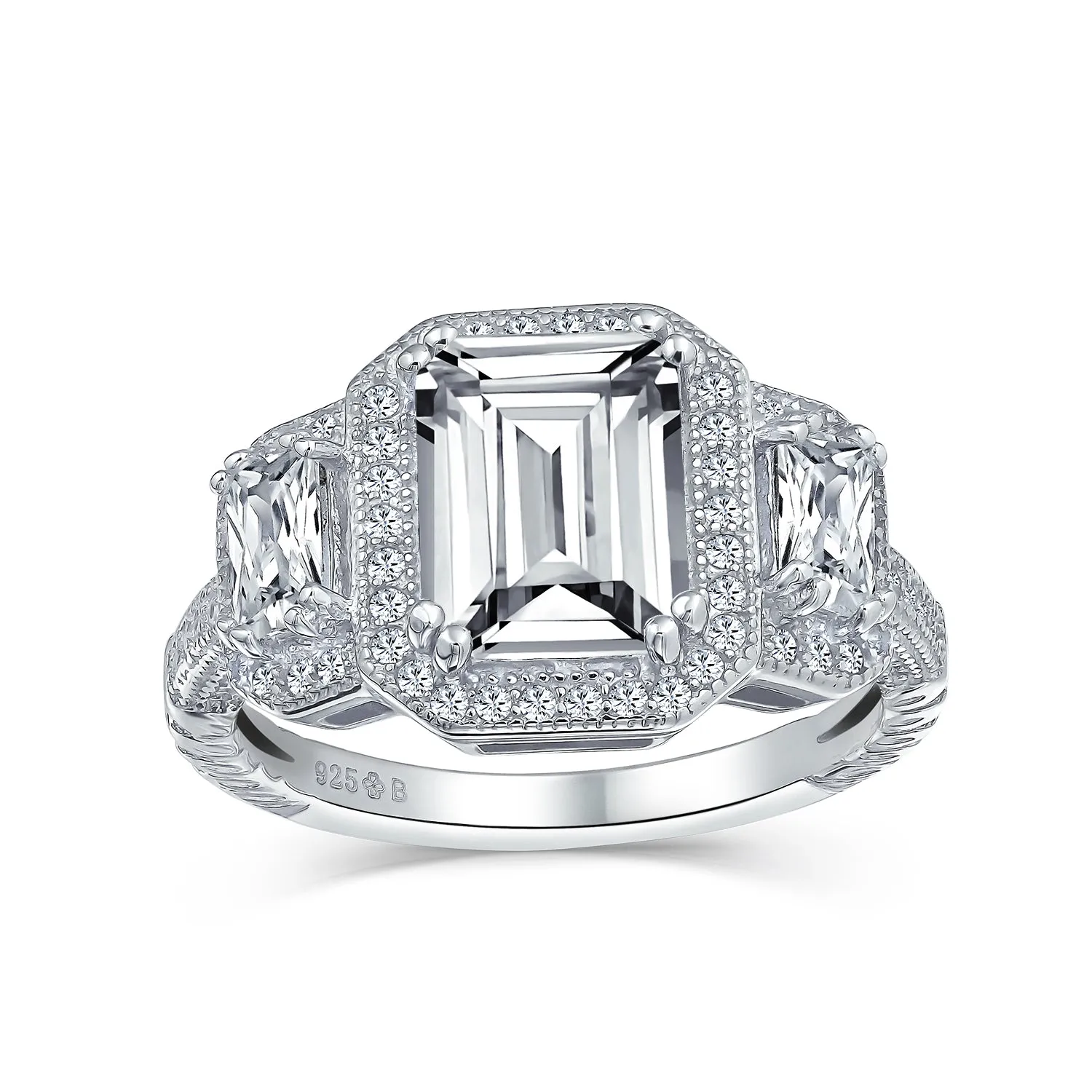 .925 Sterling Silver 7CT AAA CZ Emerald Cut Engagement Ring Baguette