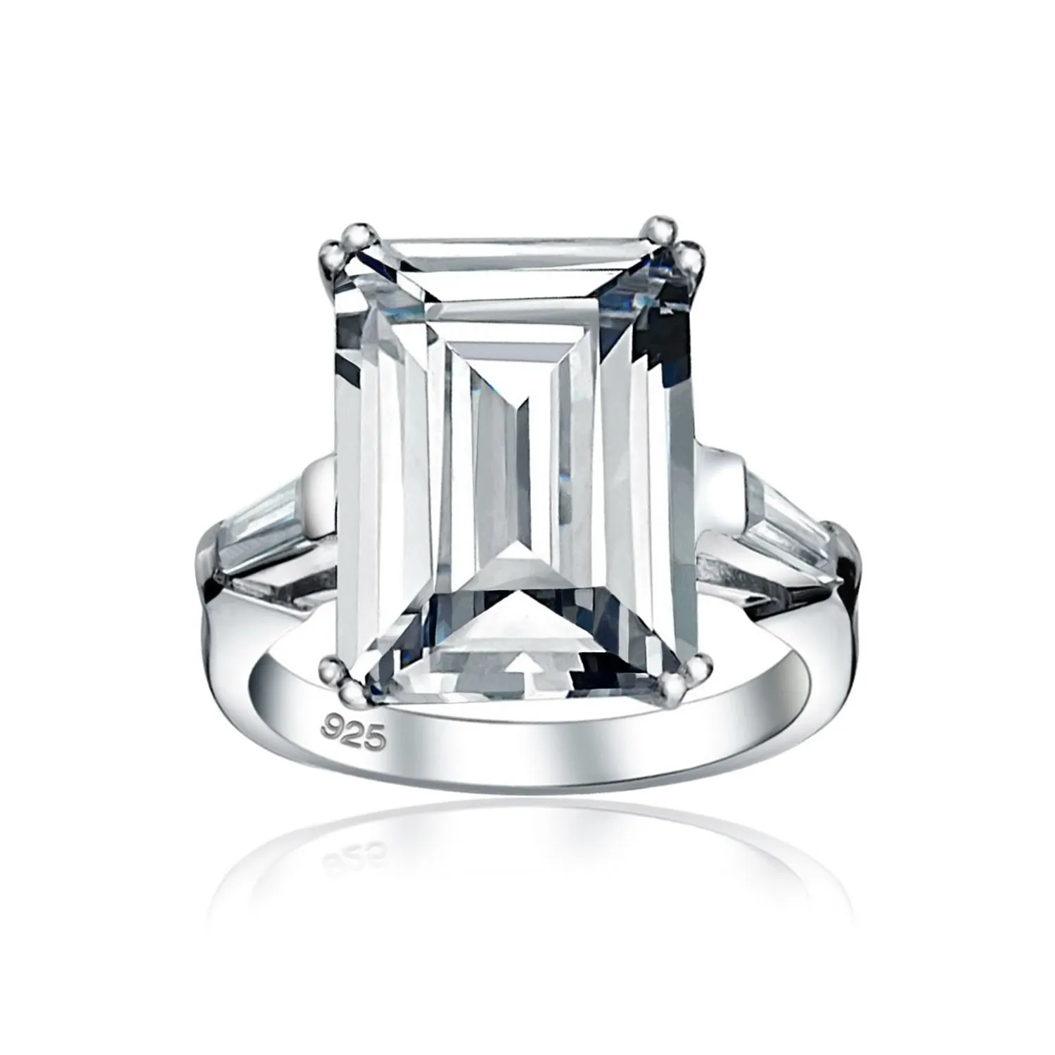 .925 Sterling Silver 7CT AAA CZ Emerald Cut Engagement Ring Baguette