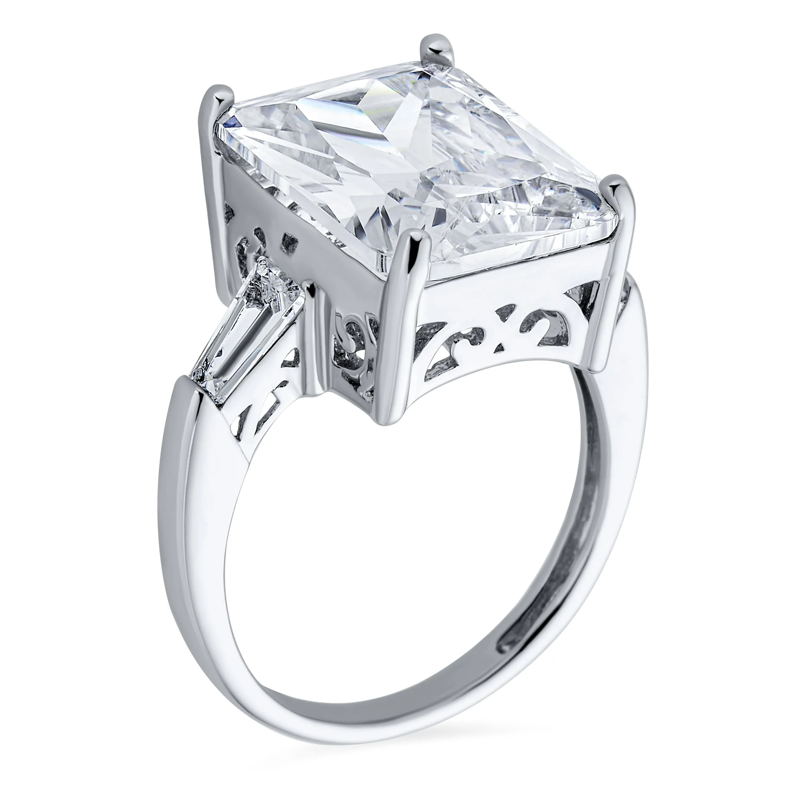 .925 Sterling Silver 7CT AAA CZ Emerald Cut Engagement Ring Baguette