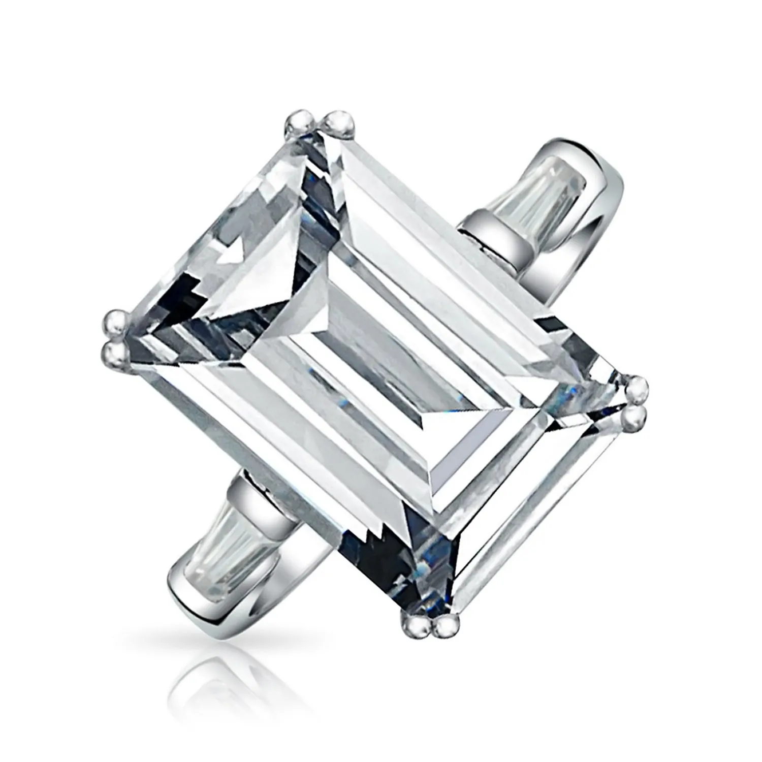 .925 Sterling Silver 7CT AAA CZ Emerald Cut Engagement Ring Baguette
