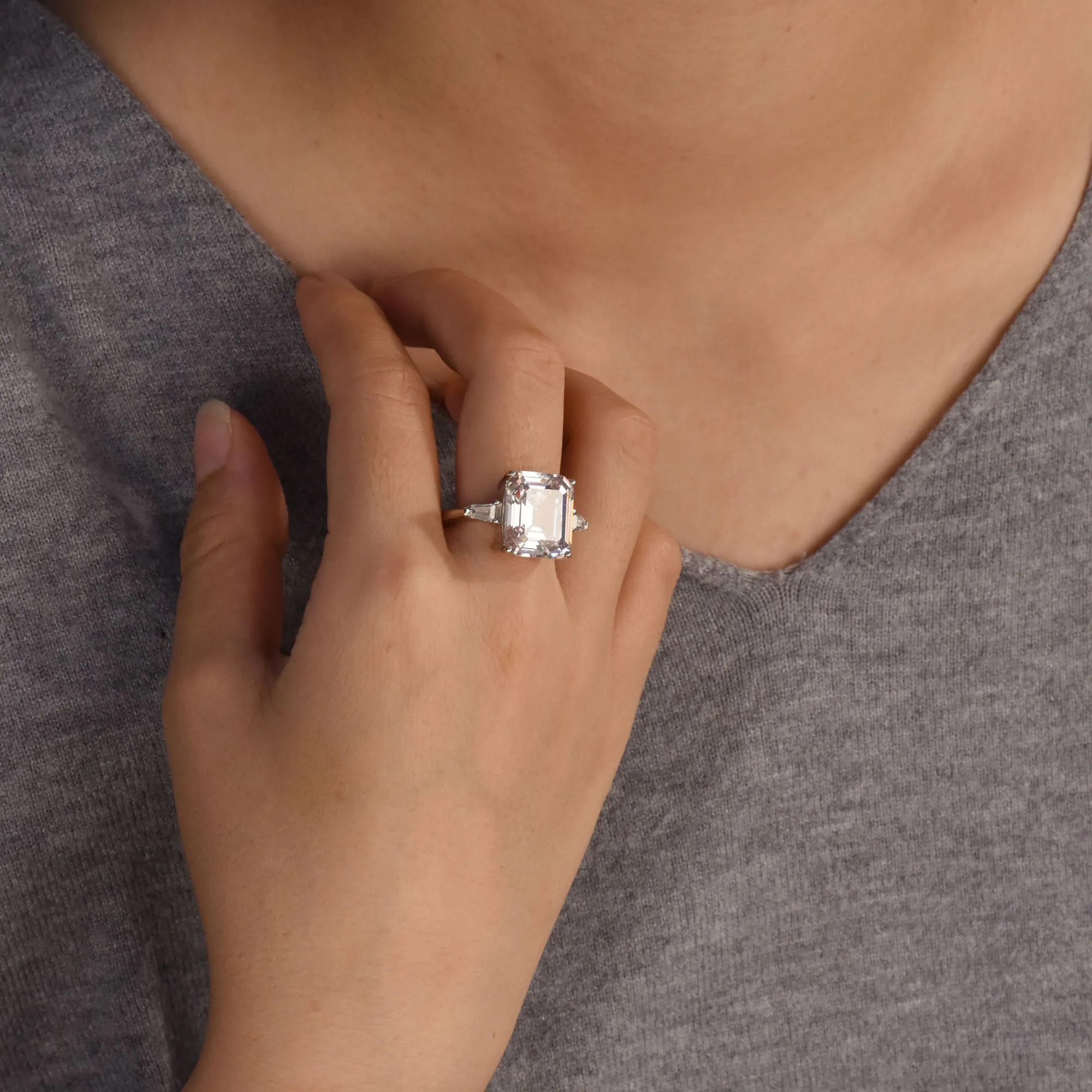 .925 Sterling Silver 7CT AAA CZ Emerald Cut Engagement Ring Baguette