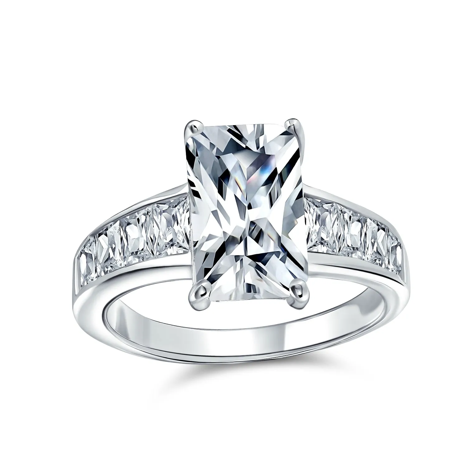 .925 Sterling Silver 7CT AAA CZ Emerald Cut Engagement Ring Baguette