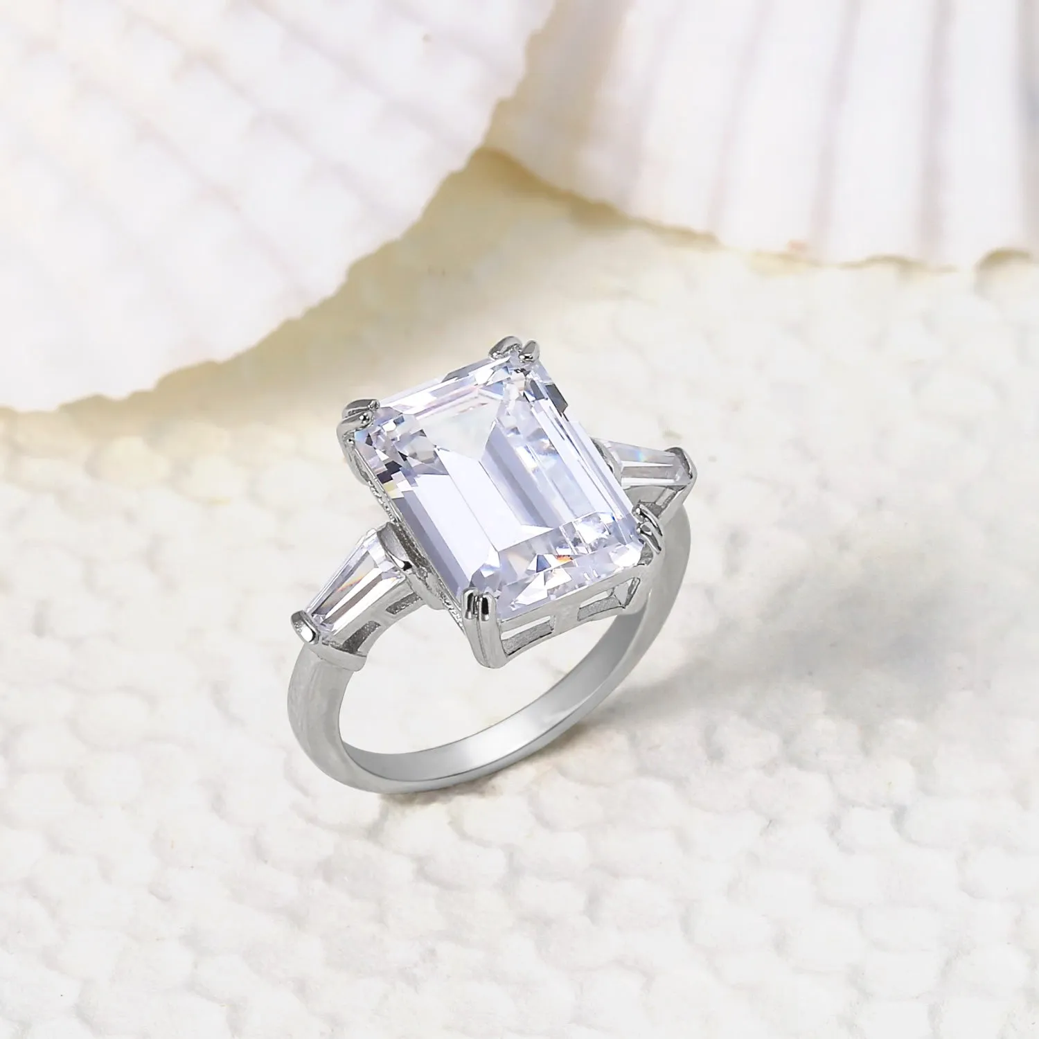 .925 Sterling Silver 7CT AAA CZ Emerald Cut Engagement Ring Baguette