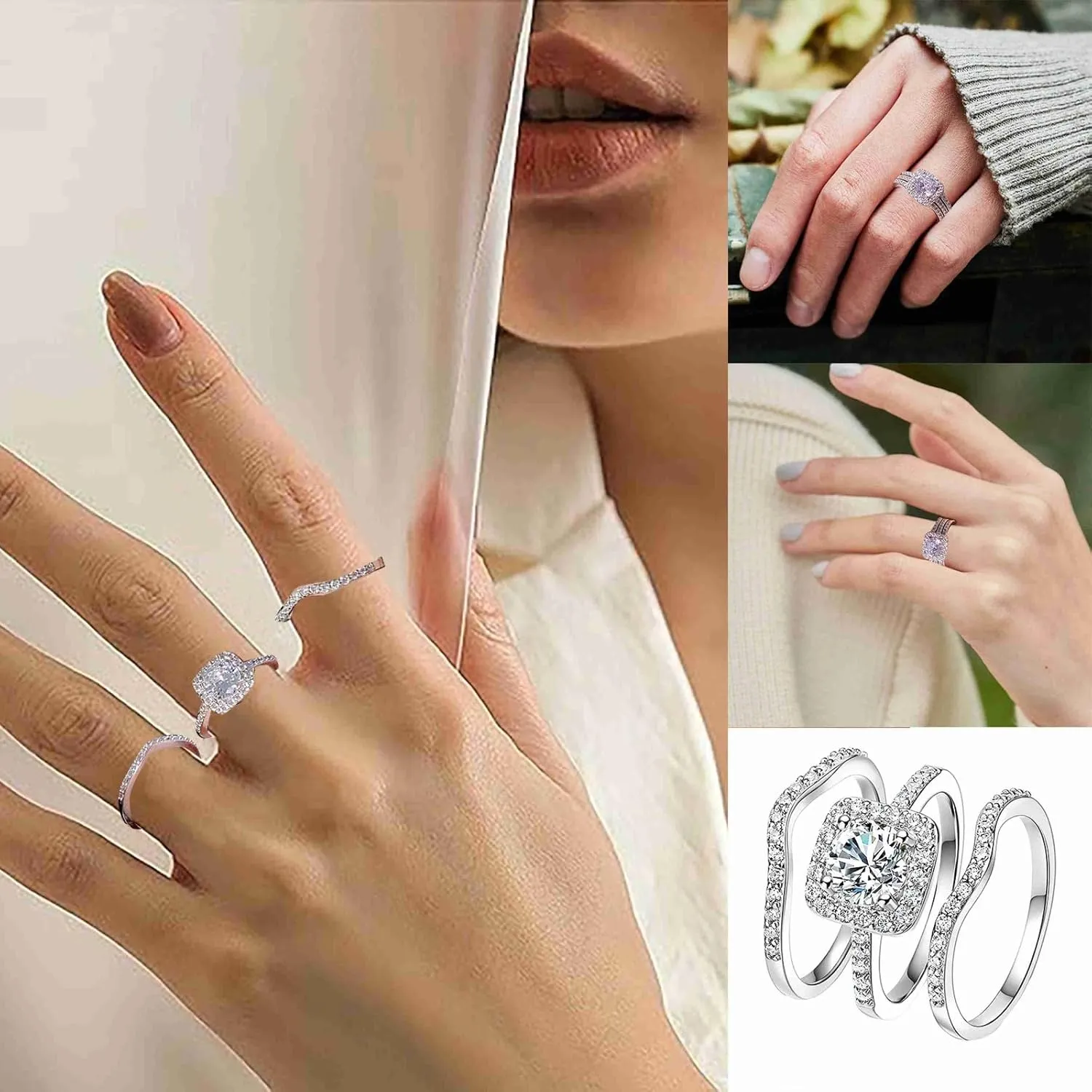 925 Sterling Silver Bridal Ring Sets for Women,White Halo Gold Plated Cubic Zirconia Promise Ring Engagement Wedding Band Set