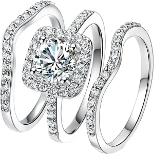 925 Sterling Silver Bridal Ring Sets for Women,White Halo Gold Plated Cubic Zirconia Promise Ring Engagement Wedding Band Set