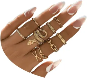 9Pcs Vintage Knuckle Rings Set.Rhinestones Rings Set Stackable Finger Chain Rings Snake Rings Fashion Jewelry Gifts for Women