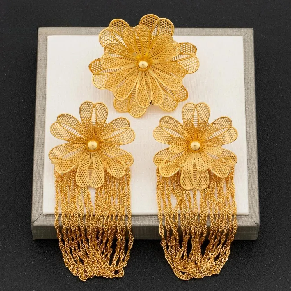 Arab Gold Plated Flower Earrings and Finger Ring Jewelry Set Women