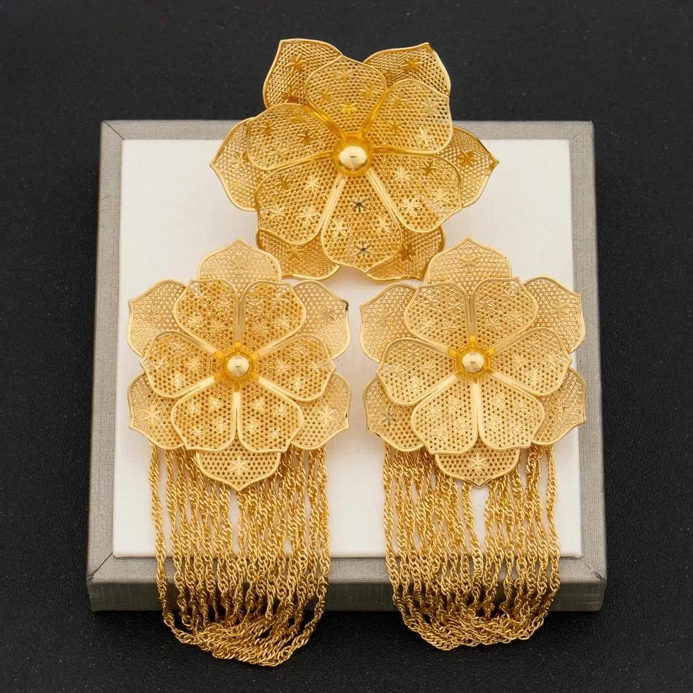 Arab Gold Plated Flower Earrings and Finger Ring Jewelry Set Women
