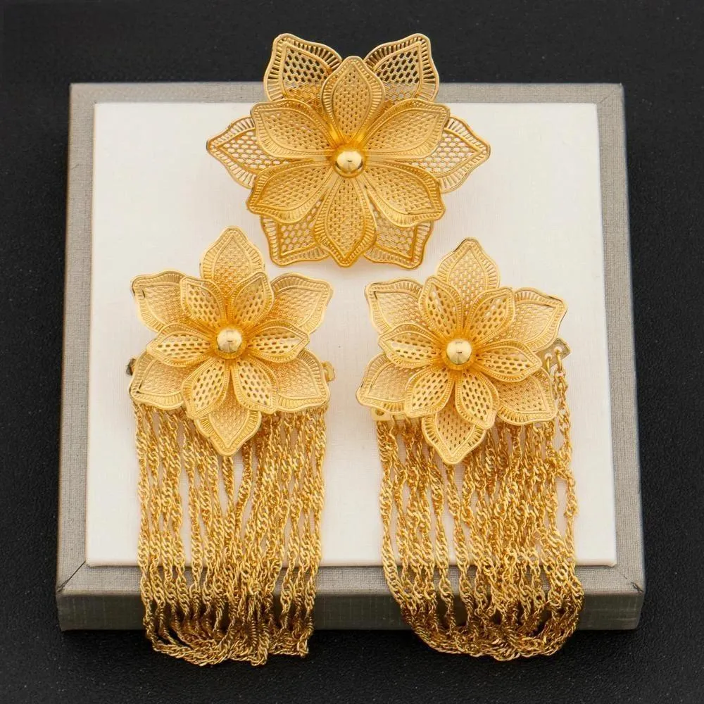 Arab Gold Plated Flower Earrings and Finger Ring Jewelry Set Women