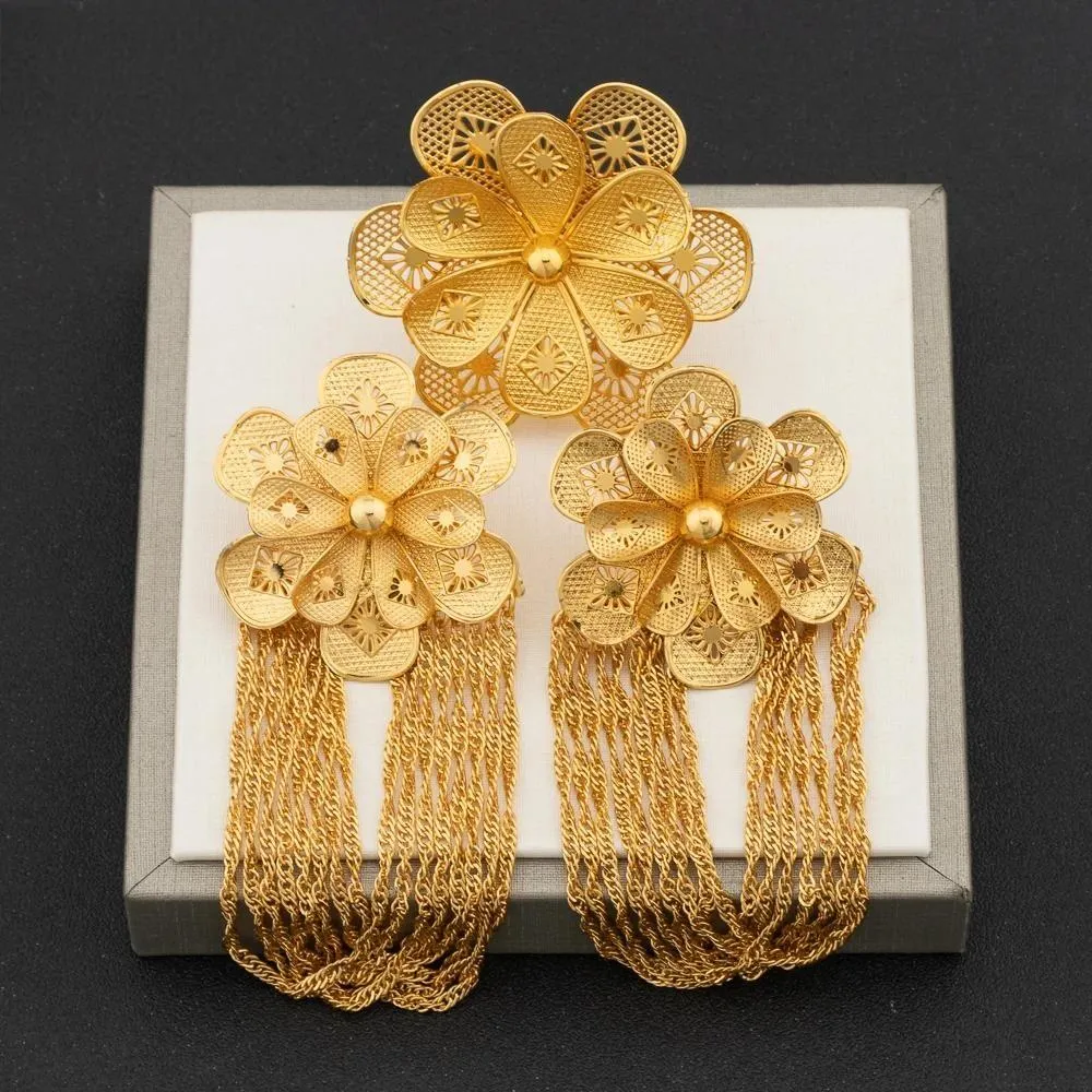 Arab Gold Plated Flower Earrings and Finger Ring Jewelry Set Women