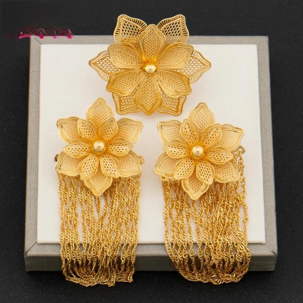 Arab Gold Plated Flower Earrings and Finger Ring Jewelry Set Women