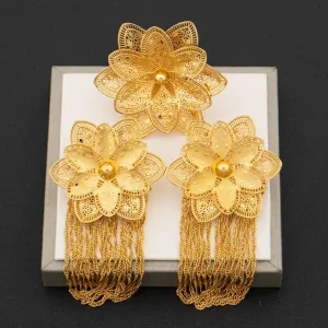 Arab Gold Plated Flower Earrings and Finger Ring Jewelry Set Women