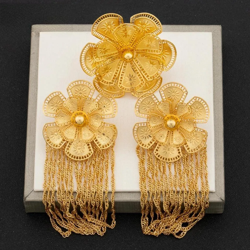 Arab Gold Plated Flower Earrings and Finger Ring Jewelry Set Women