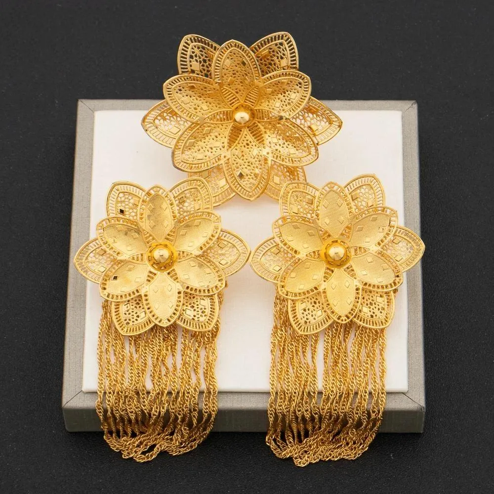 Arab Gold Plated Flower Earrings and Finger Ring Jewelry Set Women
