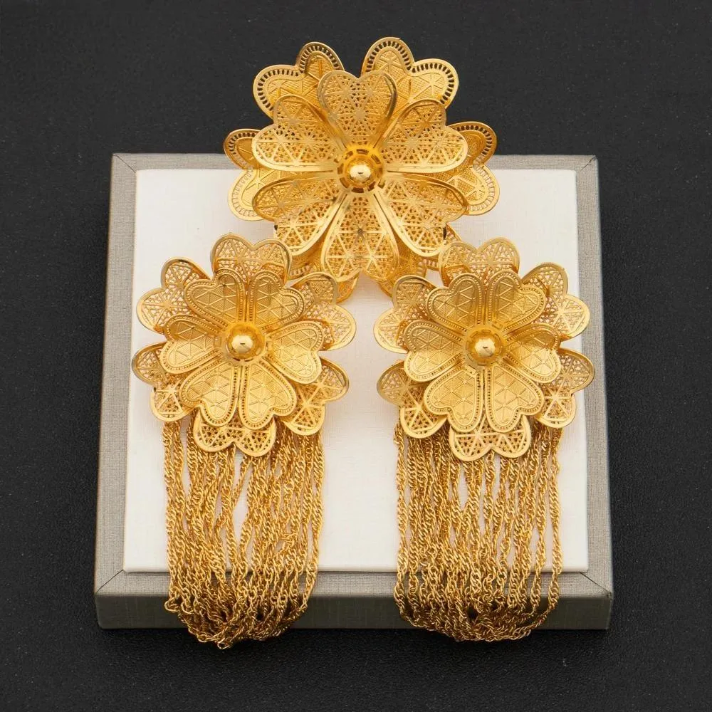 Arab Gold Plated Flower Earrings and Finger Ring Jewelry Set Women