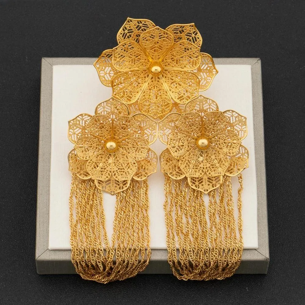 Arab Gold Plated Flower Earrings and Finger Ring Jewelry Set Women