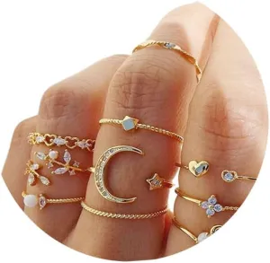 Boho Gold Stackable Rings Womens Knuckle Finger Rings,10Pcs Bohemian Vintage Stacking Rings Moon Star Rings Heart Stacking Rings for Teen Girls