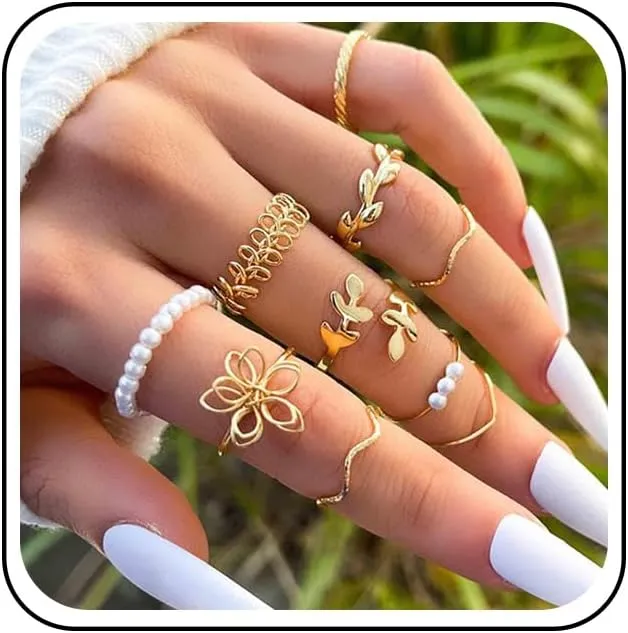Boho Layered Rings Set Gold Hollow Flower Rings Metal Leaf Flower Finger Rings Multiple Knuckle Rings Pearl Rings for Women