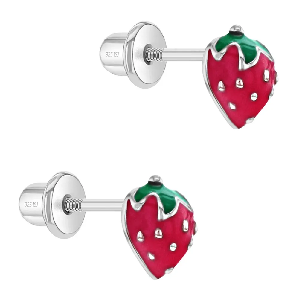 Children's Sterling Silver Enamel Strawberry Stud Earrings- Red