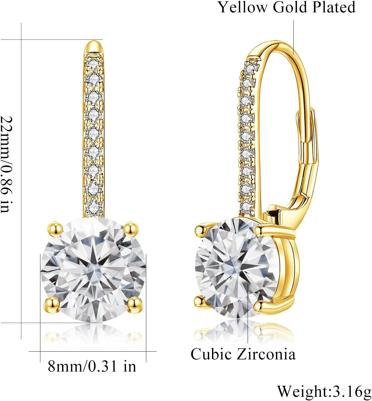 CiNily Round Cut Drop Dangle Earrings for Women Hypoallergenic, Multi-color Cubic Zirconia Earrings Diamond Dangle Earrings Jewelry Gifts for Mothers Day 14K White Gold, Yellow Gold, Rose Gold