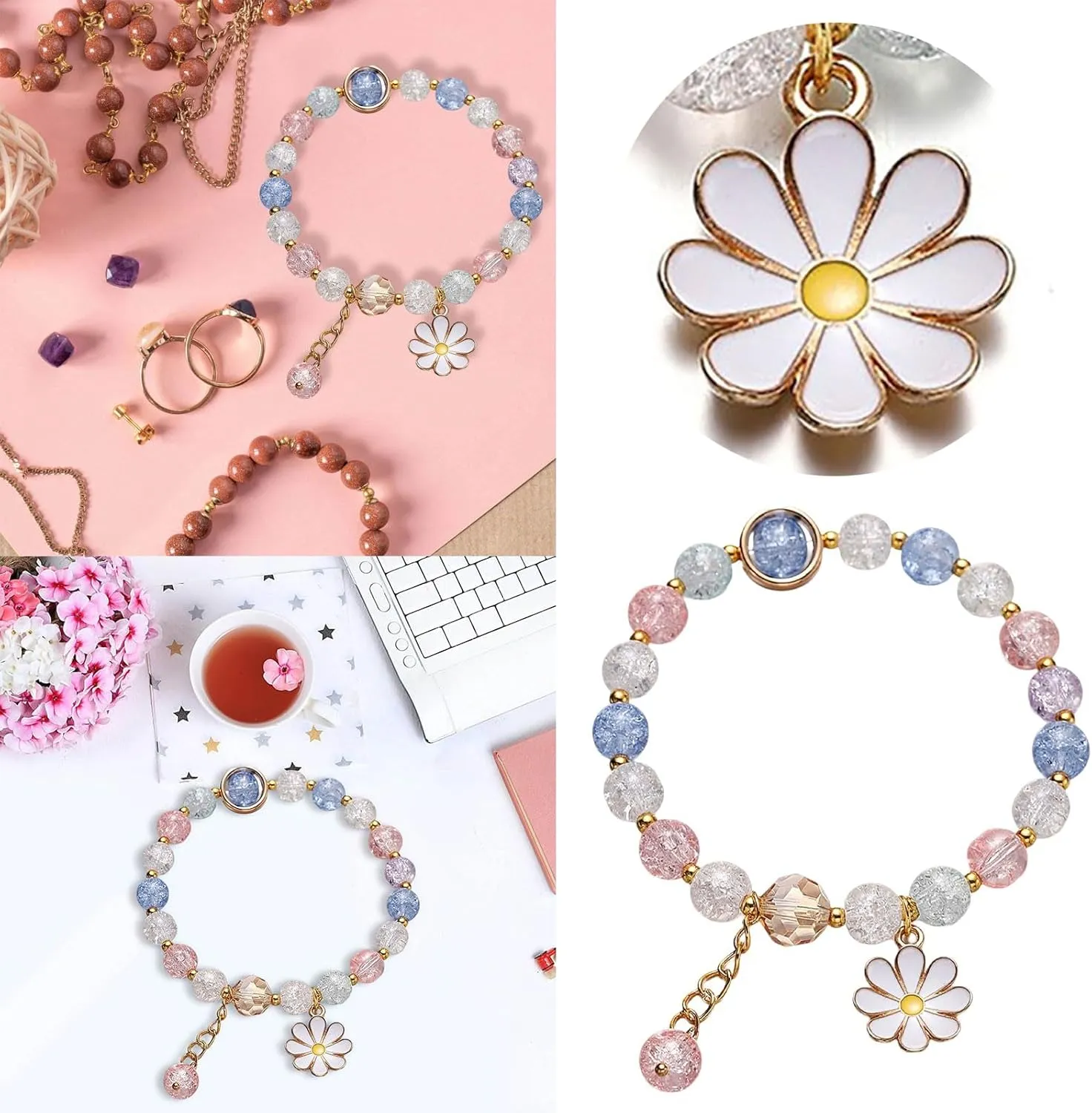 Colorful Flower Charm Bracelets Handmade Crystal Beaded Daisy Bracelets for Women Natural Gem Adjustable Bracelet for Women