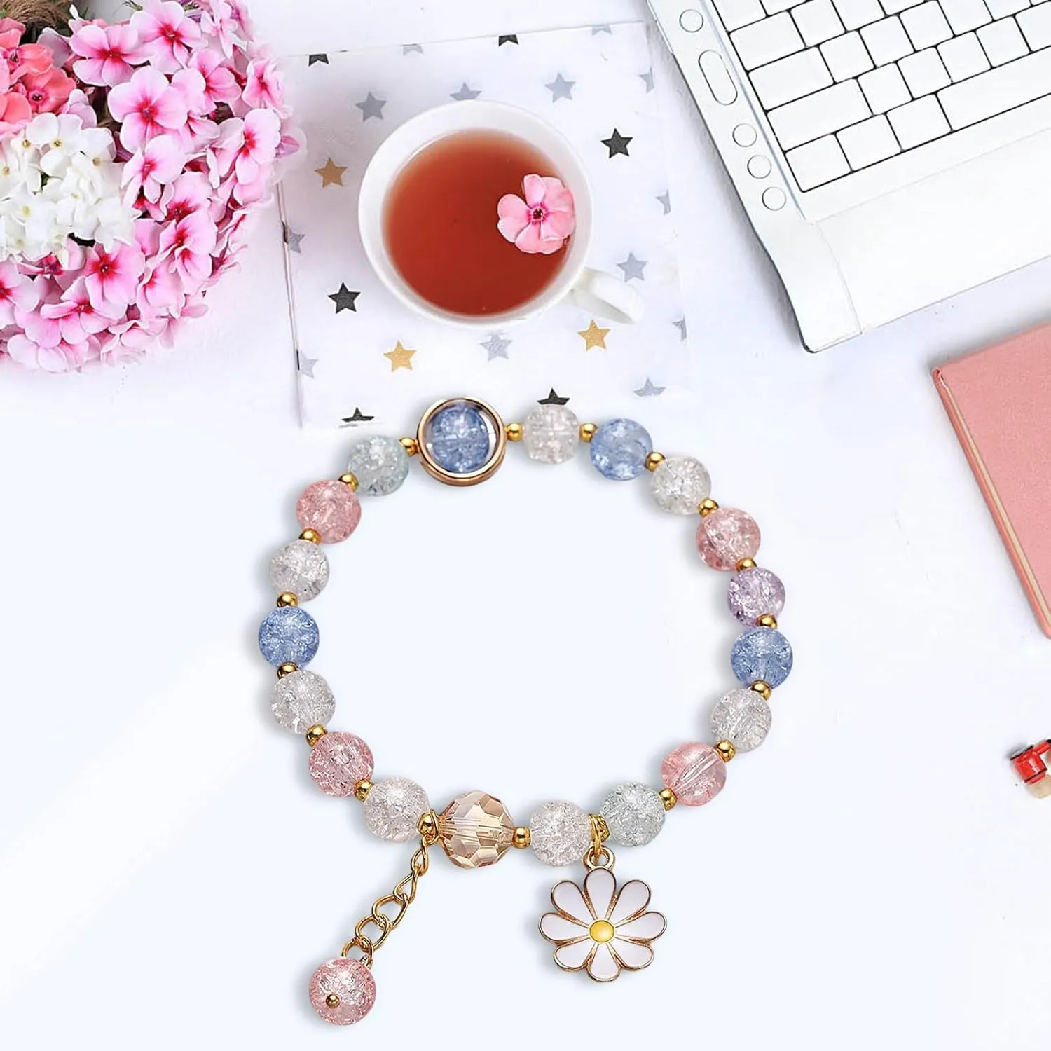 Colorful Flower Charm Bracelets Handmade Crystal Beaded Daisy Bracelets for Women Natural Gem Adjustable Bracelet for Women