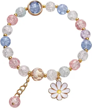 Colorful Flower Charm Bracelets Handmade Crystal Beaded Daisy Bracelets for Women Natural Gem Adjustable Bracelet for Women