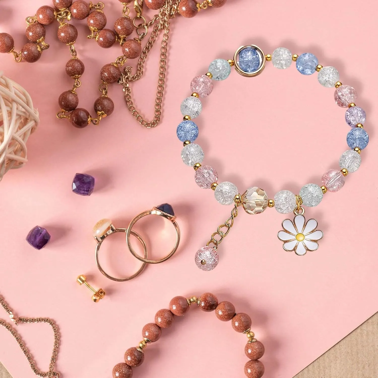 Colorful Flower Charm Bracelets Handmade Crystal Beaded Daisy Bracelets for Women Natural Gem Adjustable Bracelet for Women