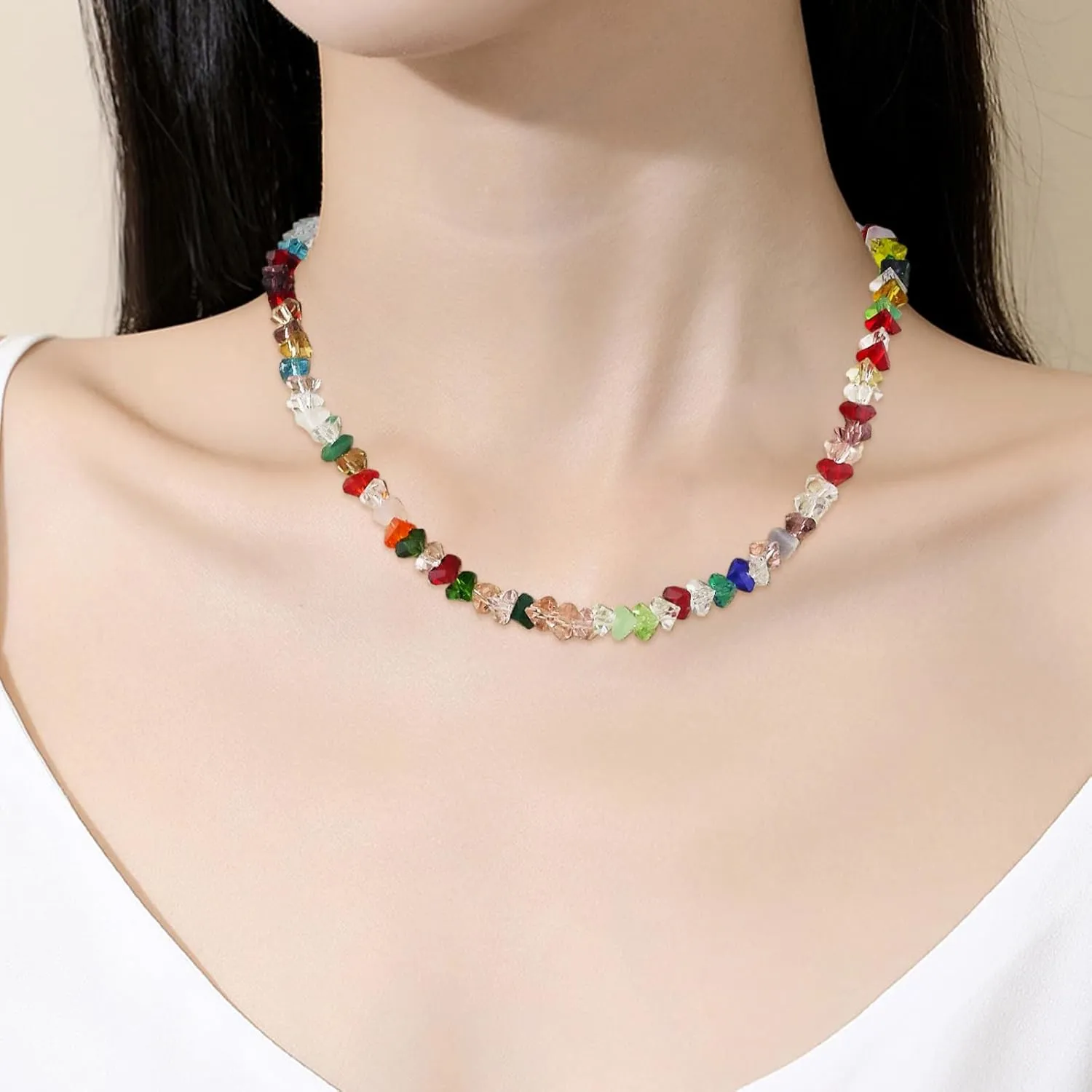 Crystal Beaded Necklaces for Women, Colorful Crystal Beaded Choker Necklaces Bohemian Beach Surfer Crystal Beaded Necklaces Summer Jewelry for Women
