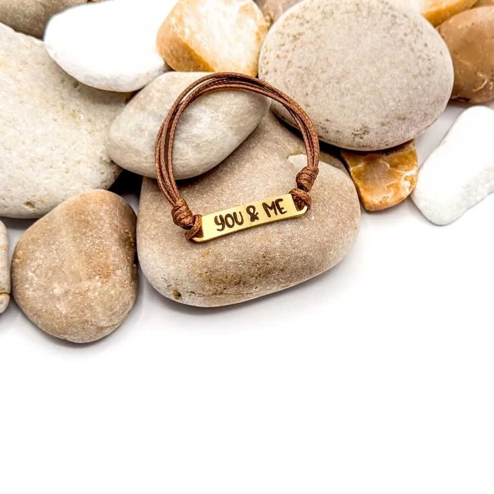 Custom Engraved Couples Friendship Bracelets  "You & Me" and "Forever"  Adjustable Cord Bracelets for Him and Her, Personalized Matching Bracelets (Silver Black)