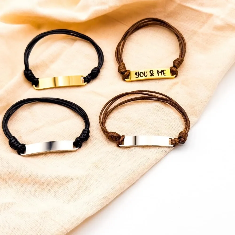 Custom Engraved Couples Friendship Bracelets  "You & Me" and "Forever"  Adjustable Cord Bracelets for Him and Her, Personalized Matching Bracelets (Silver Black)