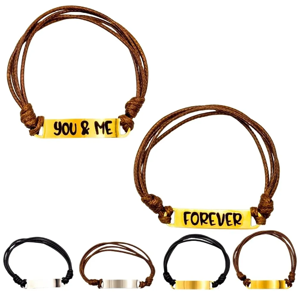 Custom Engraved Couples Friendship Bracelets  "You & Me" and "Forever"  Adjustable Cord Bracelets for Him and Her, Personalized Matching Bracelets (Silver Black)