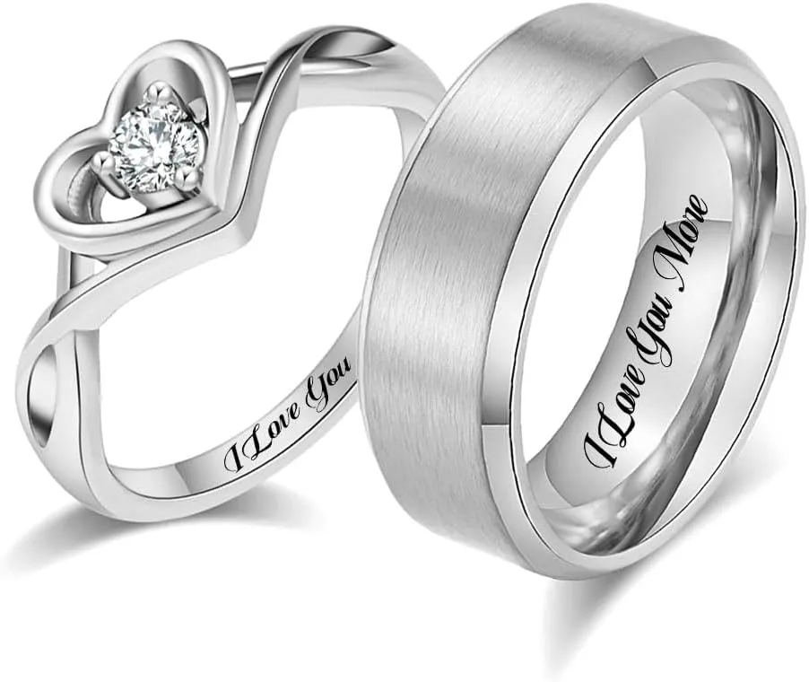 Customized Couples Rings Matching Heart Promise Rings for Him and Her Set CZ Engagement Rings for Women Custom Engraved Ring Men's Wedding Bands Tungsten