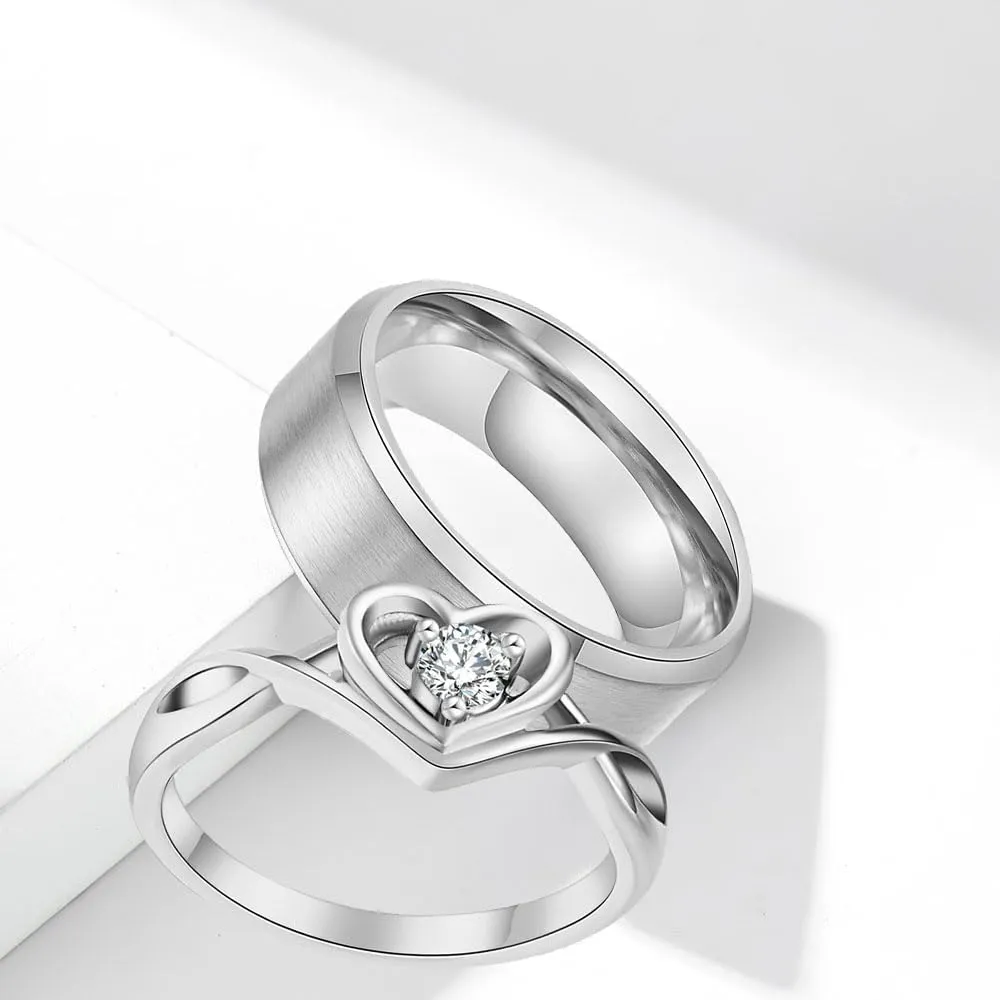 Customized Couples Rings Matching Heart Promise Rings for Him and Her Set CZ Engagement Rings for Women Custom Engraved Ring Men's Wedding Bands Tungsten
