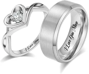 Customized Couples Rings Matching Heart Promise Rings for Him and Her Set CZ Engagement Rings for Women Custom Engraved Ring Men's Wedding Bands Tungsten