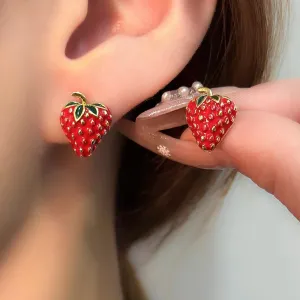 Cute Strawberry Stud Earrings Fruits Small Red Enamel Lifelike Strawberry Earrings Summer Birthday Jewelry for Women