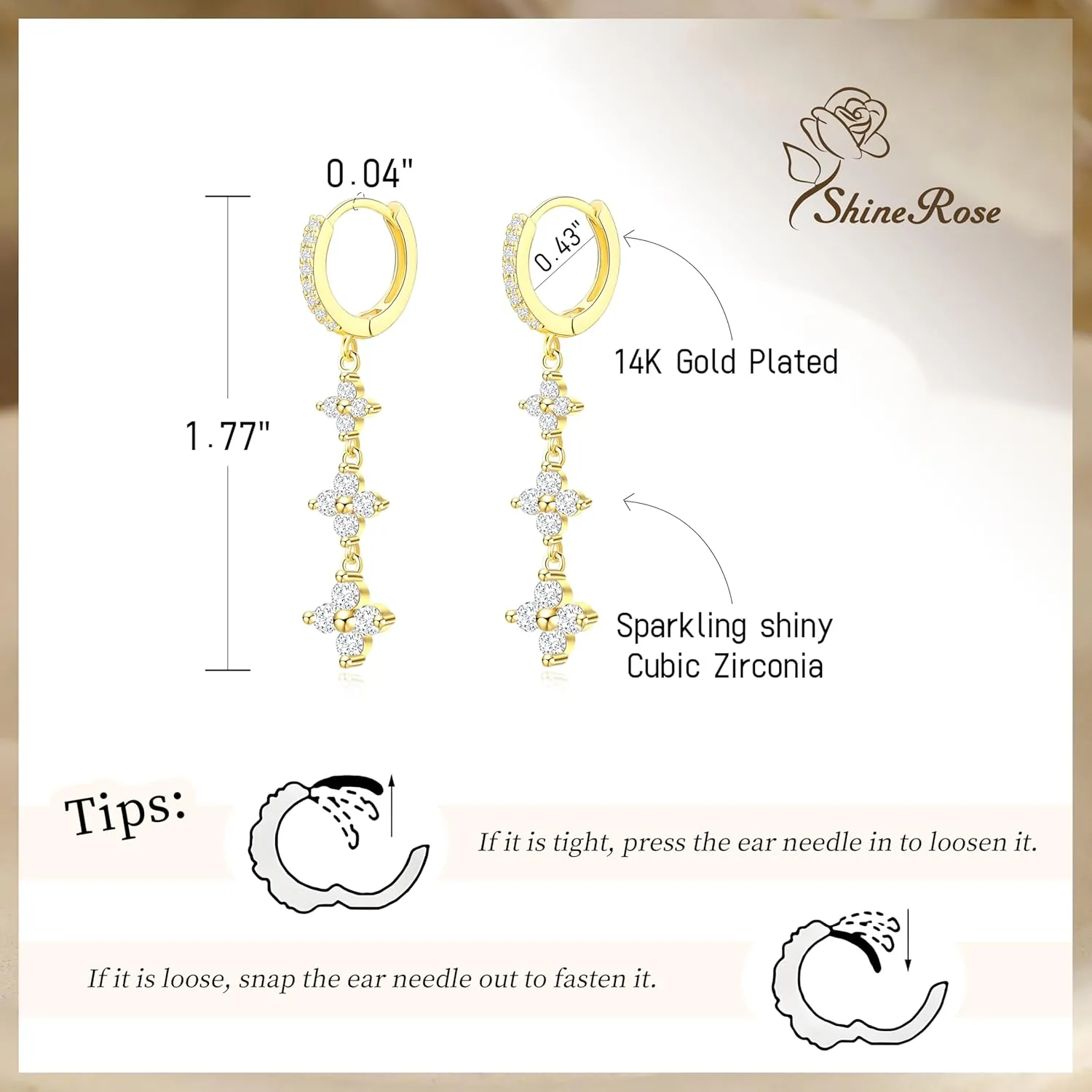 Dangle Earrings For Women Trendy 14K Gold Plated Drop Silver Long Dangling Dainty CZ Simple Hanging Jewelry