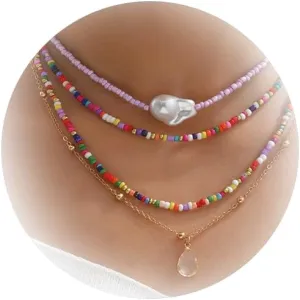 Dcfywl731 Bohemia Colorful Beaded Necklace Puka Layered Shell Necklace Hawaiian Crystal Necklace for Women