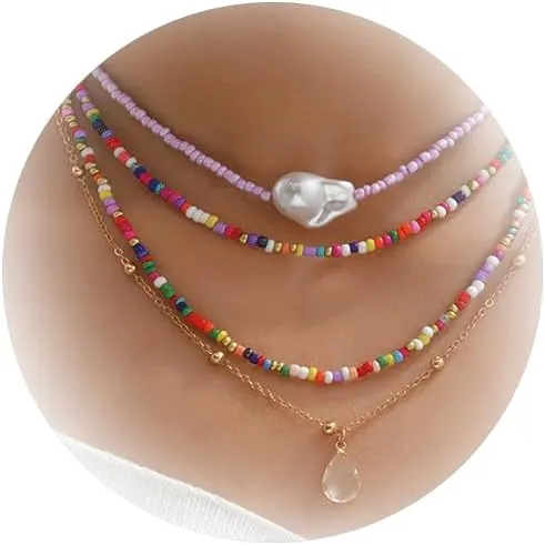 Dcfywl731 Bohemia Colorful Beaded Necklace Puka Layered Shell Necklace Hawaiian Crystal Necklace for Women